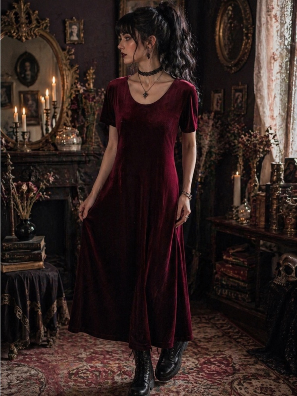 Vintage Impressions Whimsical Velvet Red Maroon Gothic Midi Dress Whimsigoth